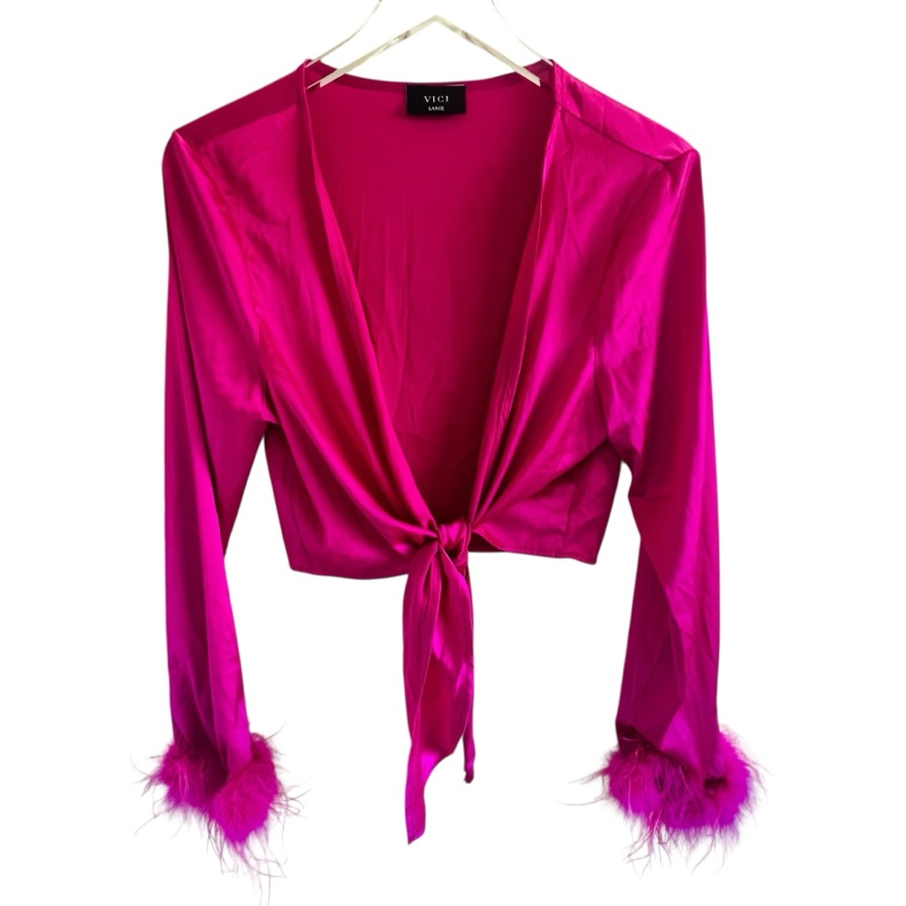 Vici Fuchsia Blouse with Tie-Front and Feather Cuffs - Picture 1 of 5